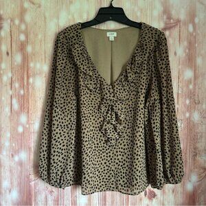 J. Crew Factory Camel Tan Spot Print Ruffle Front Blouse
